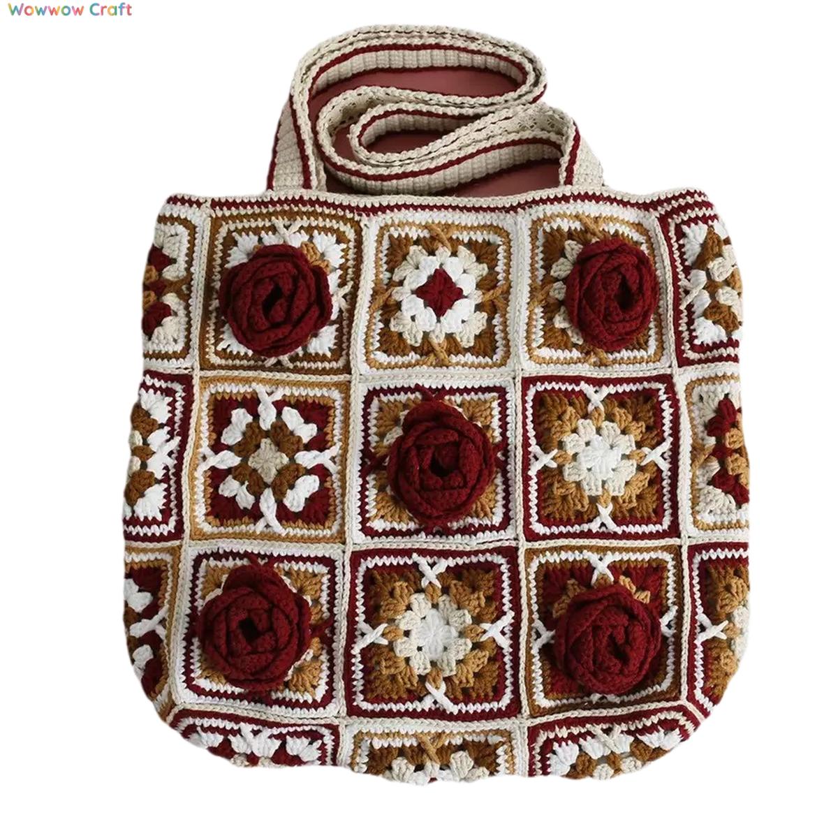 Shoulder Bags,Totes,Handmade Crochet Bags,Burgundy Flowers Embroidery Granny Square Tote crocheted with Snow Fairy Yarn - High quality handmade crocheted shoulder bag